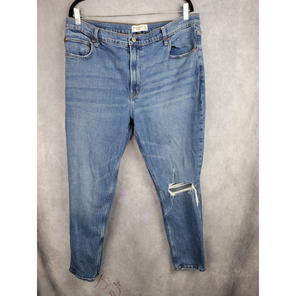 Abercrombie Fitch The Skinny High Rise Blue Denim Jeans Distressed Knee Size 34